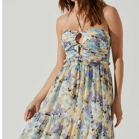 NWT ASTR The Label Small Rozina Blue Green Floral Cutout Halter Maxi Dress - Picture 4 of 16
